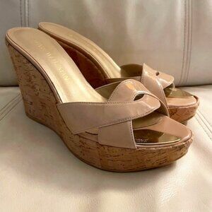 Stuart Weitzman Nude Patent Leather Overit Cork Wedge Sandals